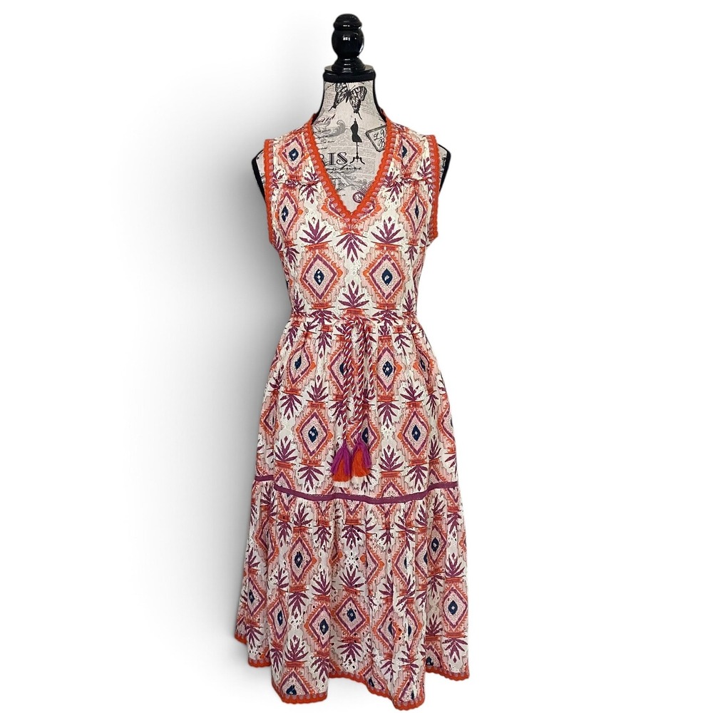 Sundance Midi Dress Womens PS Orange Ikat Eyelet Cotton Tassel Belt Boho V-Neck